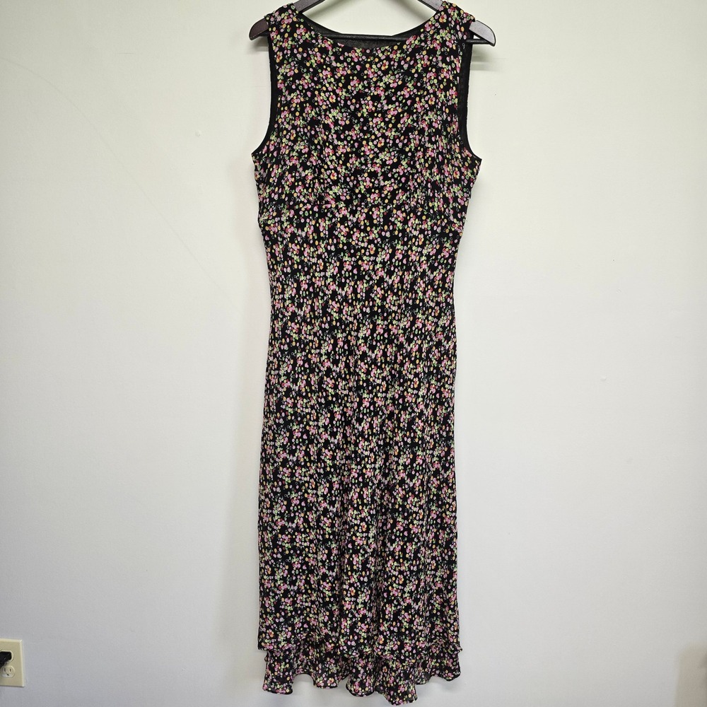 Talbots Silk Midi Dress Womens 16 Black Floral Tiered Ruffle Hem Cottagecore